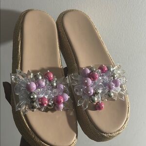 Embellished Slide Sandals - Pink and Silver